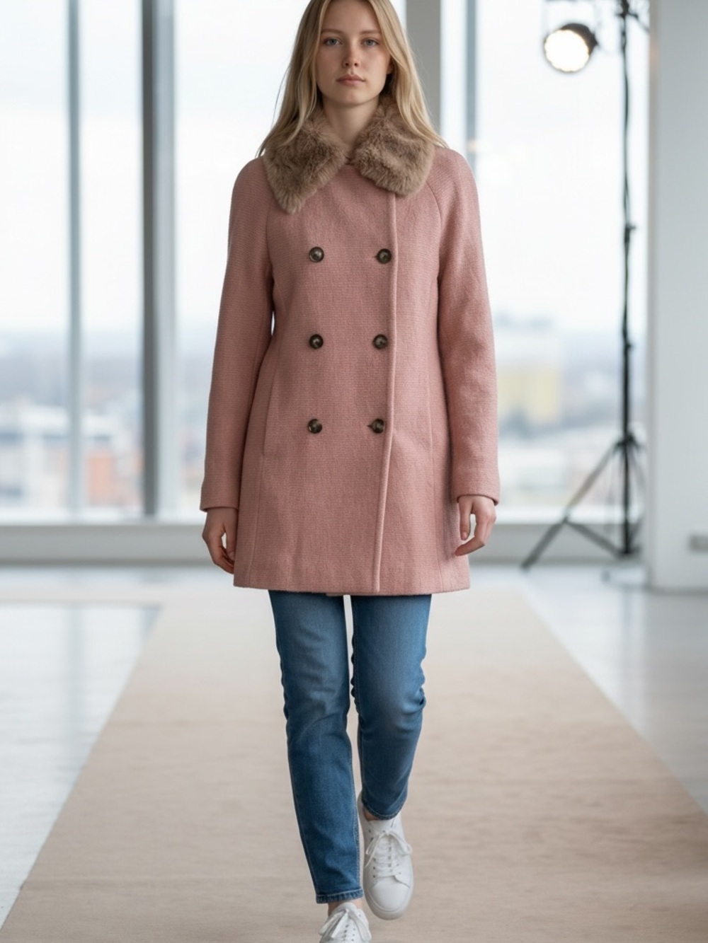 Zara Pink Double-Breasted Pea Coat with Faux Fur Collar